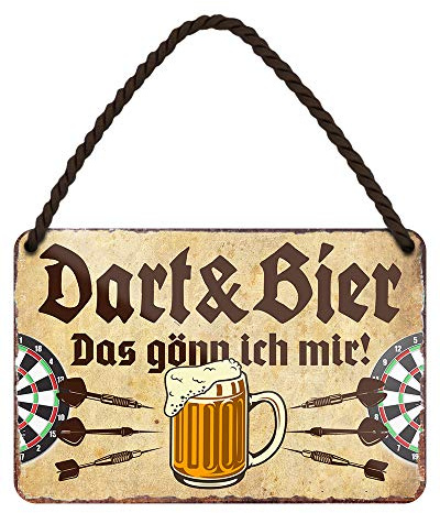 Dart und Bier das gönn ich mir Blechschild - Metallschild mit Kordel und Saugnapf - Retro Deko Schild - Dart Spruch für Biertrinker und Dartspieler - Dart Zubehör - Deko Dartscheibe - 18x12cm