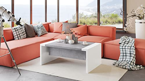 designimpex Design Couchtisch Tisch Space Beton Betonoptik - Weiß matt höhenverstellbar 45 / 70cm aufklappbar 110 / 170cm Esstisch