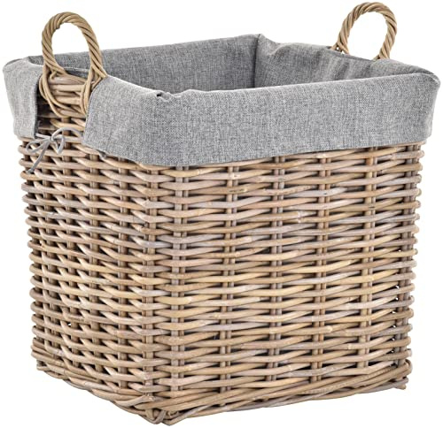 Großer Holzkorb Natur Rattan XL Korb mit Inlett Deko Kaminholz Kamin Allzweck Korb mit Jute (Klein, Grau Natur - Quadratisch)