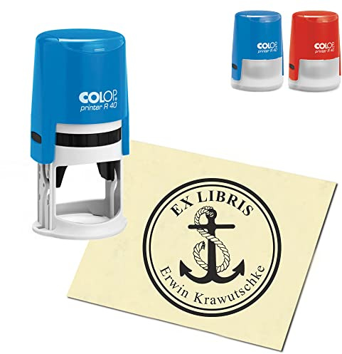 Ex Libris Stämpel, personlig, rund, Exlibris, – maritimt ankare – 40 mm COLOP automatisk stämpel som namnstämpel, kontorsstämpel