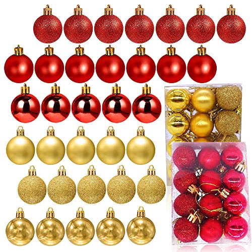 Weihnachtskugeln Rot, 48 Stück Christbaumkugeln Gold, Kleine Weihnachtskugeln Set, Weihnachtsbaumkugeln Gold, Kunststoff Weinachtskugelset, Weihnachtsbaum Schmuck für Drinnen Draußen (Rot, Golden)
