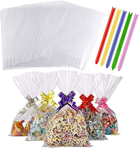 100 st genomskinliga cellofanpåsar OPP söta festpresentpåsar, med 100 presentband, används för förpackning av kakor, godis, choklad etc.15 x 25 cm