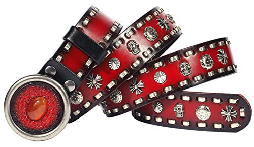 Yesbon Rock Nieten Ledergürtel von Gem für tägliche Party Cowboy Vintage Punk Taille Dekor für Jeans Legierung Schnalle PU Gürtel mit Totenkopf,Rot,110cm/waist:36~38
