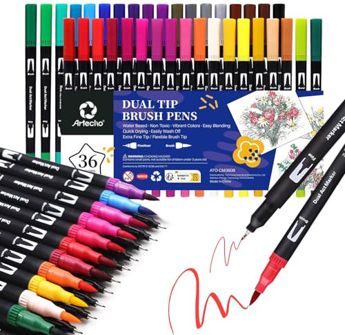 Artecho Brush Pen Lettering 36 Colori, Pennarelli Doppia Punta Fine e Grossa, Pennarelli Acquerellabili per Calligrafia, Bullet Journal, Pittura, Colorazione