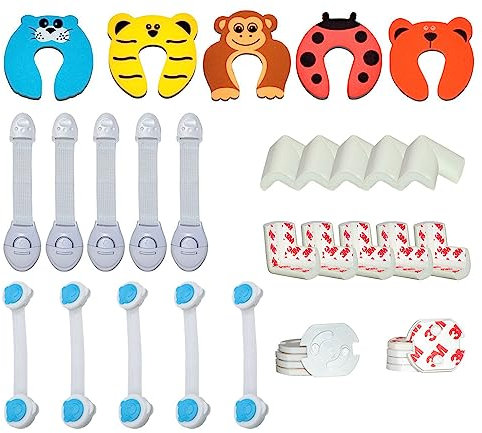 BABALUU Kit Seguridad Bebe Niños - 5 Topes para Puertas -10 Protectores Esquinas de Espuma - 10 Protectores Enchufes - 5 Cierres Seguridad Armarios – 5 Cierres Seguridad Cajones.