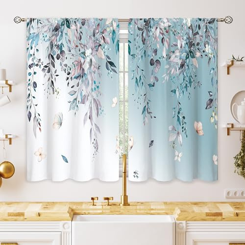oolygoo Eucalyptus Botanical Leaves Floral Kitchen Window Curtains Butterfly Farmhouse Flower Leaf Small Window Treatment Blue Grey Cafe Short Curtains for Bathroom Treatment Tier Drapes 27.9x39 inch