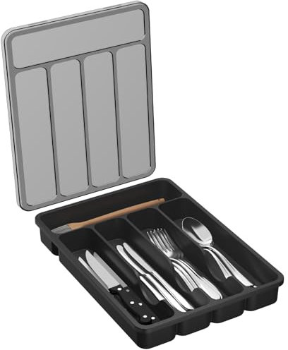 Lifewit Cutlery Drawer Organiser with Lid, Plastic Small Cutlery Tray for Kitchen Drawer, Utensil Flatware Silverware Holder Divider for Spoons Forks Knives Tableware, 5 Compartment, Black