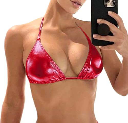 Top bikini metallico da donna - Halter lucido triangolo bralette rave, top cravatta laterale costume da bagno reggiseno, Rosso, M