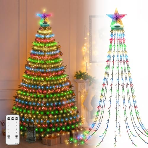 Lichterkette Weihnachtsbaum mit Stern Spitze, 2.5M 400LEDs Weihnachtslichterkette mit Stecker für Innen Außen,Baum Lichtervorhang Fernbedienung für 150, 180, 240,300cm Tannenbaum(RGB)
