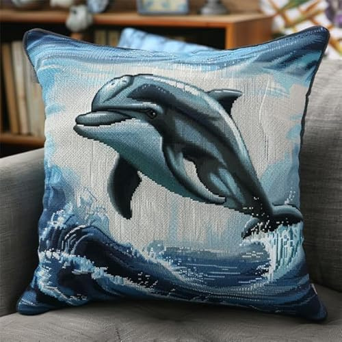 kitphoenix DIY Knüpfhaken-Set Knüpfkissen Delfin Knüpfkissen Set für Anfänger Erwachsene oder Kinder zum Selber Knüpfen, DIY Knüpfteppich Knüpfpackung, Knüpfhaken Set 43 x 43 cm