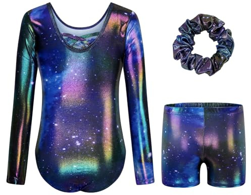 JiAmy Turnanzug Mädchen, Gymnastikanzug Kinder Turnshorts Haarband Set Gekreuzte Schulterriemen Turnanzug Leotard Set für 3-12 Jahre
