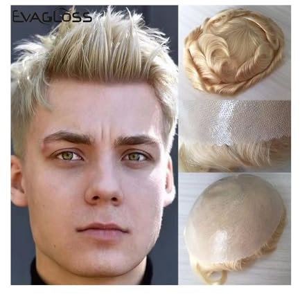 ZENY896V Herren Haarteil Toupet for Männer, Haarteil, Voll-PU-Hautbasis, Doppelknoten-Haarsystem-Ersatz, natürlich aussehende indische Echthaareinheiten for Männer (613# Blond) Toupet für Männer(6x8)