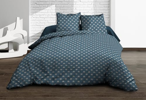 Le Linge de Jules Parure Drap Plat + Drap-Housse 140x190 + 2 T - Pur Coton 57 Fils - Alya, Bleu