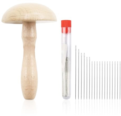 GTYHH 1 Stück Pilzstopfen, 1 Satz Nähnadeln, Holzpilz-Patcher, Kreative Pilzwerkzeuge, DIY-Nähzubehör