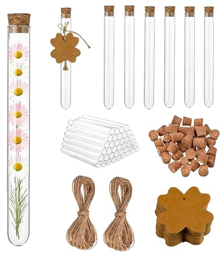 Reagenzgläser für Blumen, 6 Stück 15*150mm und 6 Stück 16*150mm Reagenzglas mit Korken, Reagenzglas Vase, mit 15 Kleeblattanhängern 7*7cm und 2 Stück 25cm Langem Bindfaden, für Blumen, DIY Craft Candy
