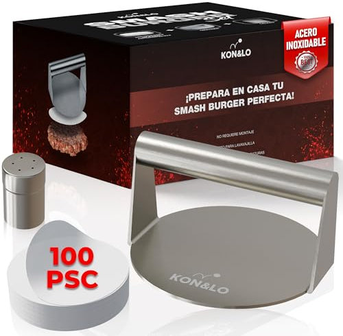 Kit Smash Burger Profesional – Prensa de Acero Inoxidable con Especiero y 100 Papeles Antiadherentes | Ideal para Barbacoa, Sartén o Cocina Casera.