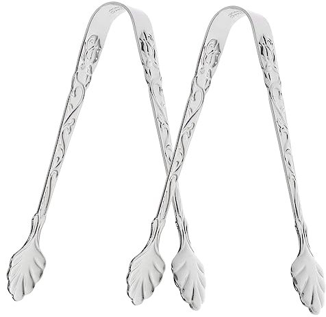 FUNNETOYU Mini Stainless Steel Ice Cube Tongs and Dessert Clip Set, Silver Small Decorative Food Tongs for Sugar Cubes and Buffet Serving, Vintage Style Kitchen Utensils for BBQ and Parties