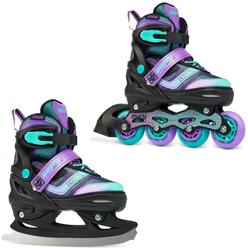Raven - Pattini a rotelle per bambini, ragazze, ragazzi, adulti, bambini - Pattini a rotelle 2 in 1 con lame da ghiaccio - Regolabili - Drill Violet/Mint con Pattini, 34-37 (21,5-24cm)