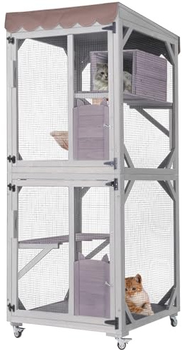 Seiyierr Catio Gabbia per gatti da 66 pollici, H grande casa per gatti su ruote, impermeabile, stile antigraffio e amaca per esterni, strato in PVC (grigio)