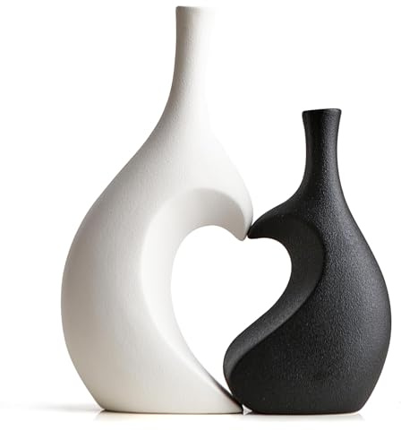 Set di 2 vasi a forma di cuore – bianco e nero minimalista vasi decorativi per soggiorno, tavolo da pranzo, tavolino da caffè e scaffale, design moderno con cuori per corridoio e credenza
