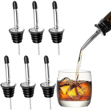 YANJINGSHE Bottle Pourers for Spirits,6Pack Stainless Steel Freeflow Speed Bottle Dispenser with Tapered Spout and Rubber Dust Caps for Wine and Spirits Bottles,Olive Oil
