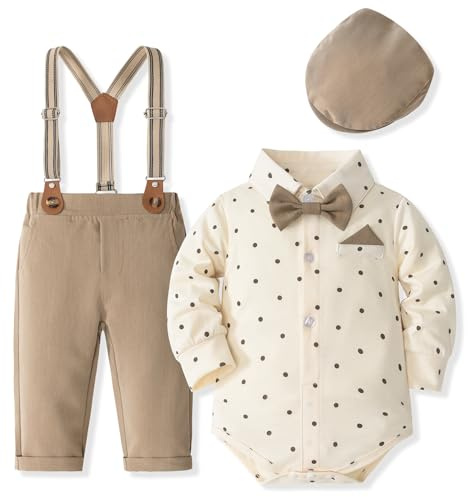 Fohuanky Baby Boy Formales Outfit Gentlemen Kleidung Set Strampler Hemd mit Fliege Hosenträger Hose & Hut für Hochzeit Geburtstag Party