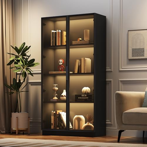 Lexiou Glasvitrine mit APP LED-Beleuchtung, doppeltürige Vitrine mit beweglichen Einlegeböden, 80x40x160cm,Hochschrank für Wohnzimmer, Standvitrine,Badezimmerschrank (1)