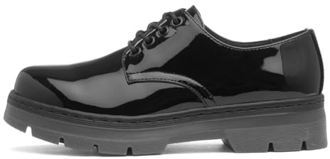 Lilley Womens Black Patent Chunky Lace Up Shoe