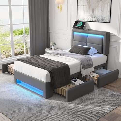 RIAZOS Polsterbett 90x200 cm mit 4 Schubladen, Einzelbett mit LED, USB-Anschluss, Bettgestell mit Lattenrost, Jugendbett Erwachsenenbett, Kunstleder, Grau, ohne Matratze