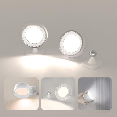 LUTW Rechargeable Wall Lights, Magnetic Wall Lamp Indoor, White, 2 Pack | Battery Operated LED Wall Light with Remote, 360° Rotate, 5 Modes, Stepless Dimming, Timing, for Bedroom Corridor Stairs