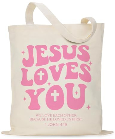 Yoljun Christliche Stoffbeutel Bedruckt, 40×35cm Jutebeutel Bedruckt mit Jesus Loves You, Wiederverwendbar Aesthetic Canvas Tote Bag, Christliche Geschenke für Frauen (Rosa)