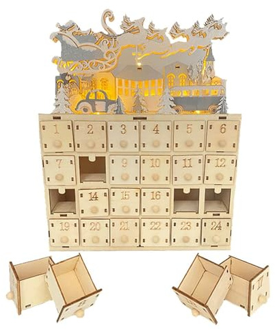 Calendario dell'Avvento in legno con luci a LED, calendario dell'Avvento vuoto con 24 cassetti portaoggetti, riutilizzabile C-alendrier dell'Avvento da riempire per bambini, decorazione natalizia (A)