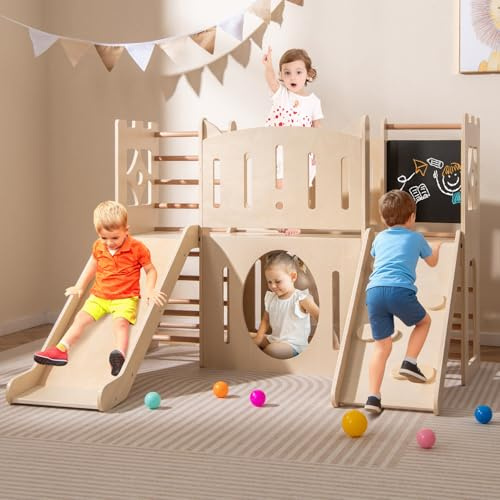GOPLUS 8 en 1 Toboggan Interieu Enfants en Bois, Aire de Jeux Montessori avec Échelle, Tableau Noir, Escalade, Tunnel, Recoin Secret, Couloir, Espace de Rangement, Parcours Motricité 3+ Ans