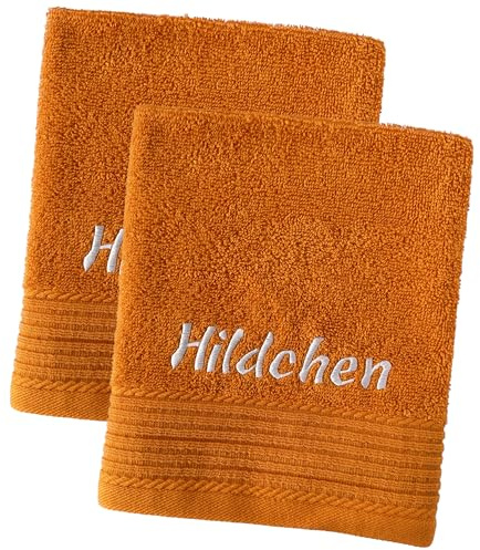 Schnoschi Handtuch 2er Set orange 30 x 50 cm Gästehandtuch personalisiert mit Namen, Motiv, Initialen oder Wunschtext Bestickt, 100% Baumwolle, 450 g/m²