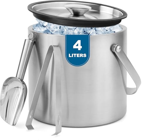 Yeatruojeet Ice Bucket, 4L Double Wall Insulated Ice Bucket with Lid,Scoop,Tongs- Inner Layer 304 Stainless Steel Ice Container Keep Ice Frozen Longer- Ideal for Cocktail Bar,Parties (4L)