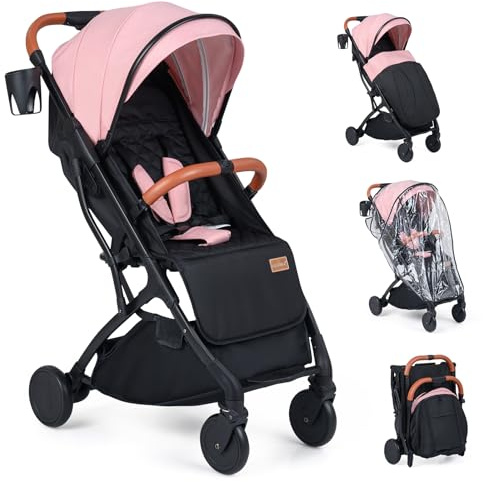 COSTWAY Silla de Paseo Plegable para Bebés, Cochecito Infantil Ligero con Respaldo, Capota y Reposapiés Ajustables, Cubierta para Lluvia,Saco para Pies y Cesta,Carrito para Niños de 0-36 Meses (Rosa)