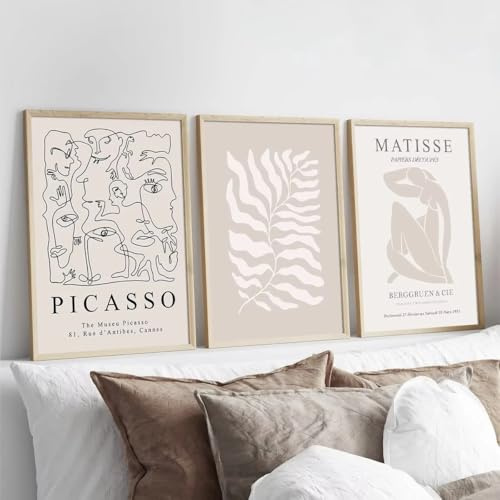 Bohemisk Neutral Beige Linje Väggkonst Poster Picasso Oljemålning Minimalistisk Abstrakt Matisse Canvas Modern Heminredning (30x50cm-3st)