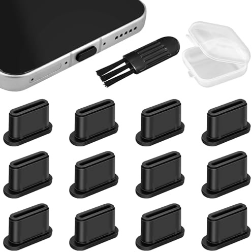 Lunhoo 12 Pcs USB C Dust Plug, Silicone USB Type C Anti-Dust Cover Cap, Charging Port Cleaning Kit & Protector for Phones Tablets Laptops, with Cleaning Brush & Storage Box (Black) (Black)