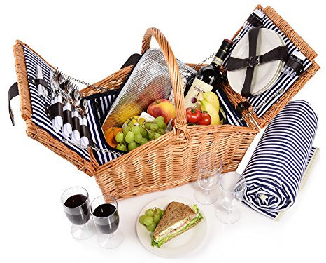 Sänger | Picknickkorb Sylt, 24-teiliges Komplettset für 4 Personen, Picknickkorb Groß, Picknick Decke & Geschirr