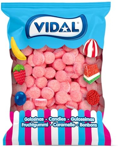 Vidal Golosinas. Sweet Cakes. Tartitas gelatinosas con cobertura de azúcar y delicioso sabor nata‑fresa. Doble textura suave y divertida. Sin gluten ni grasa. Bolsa 250 u