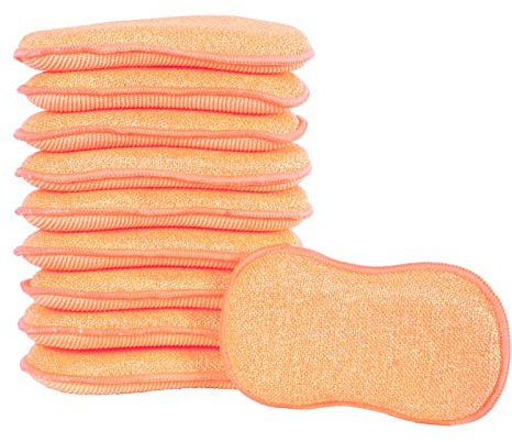 10 Pack of Micro-Pro Duo Action Antibacterial Cleaning Pads Microfibre Cloths Sponge Scourers Dusters For Home Kitchen Bathroom Shower Scrubbing Dusting Wiping Polishing Washing Up Dishes - Orange