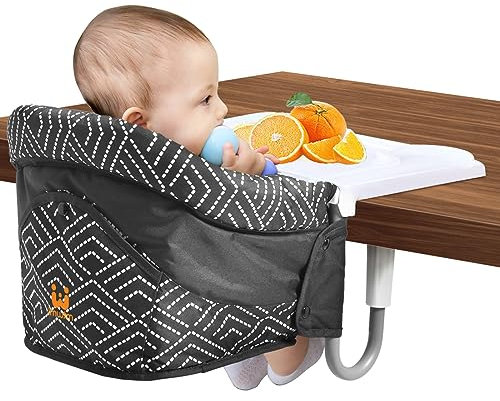 MTWML Tischsitz Baby mit Abnehmbarem Tablett, Tragbarer Hochstuhl zum Anklippen für Babys Kleinkinder, Faltbarer Reisehochstuhl mit 5-Punkt-Gurt, Tragetasche für Esstisch Unterwegs(Streifen-Schwarz)