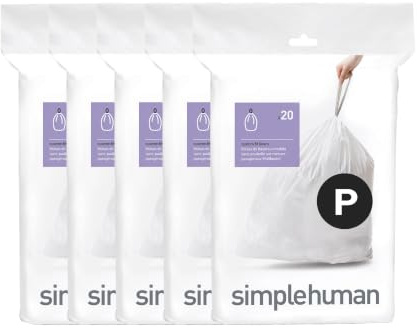 simplehuman Code P 100 Count, Dispenser Pack Custom Fit Liners, Drawstring Trash Bags, 50-60 Liter / 13-16 Gallon, White