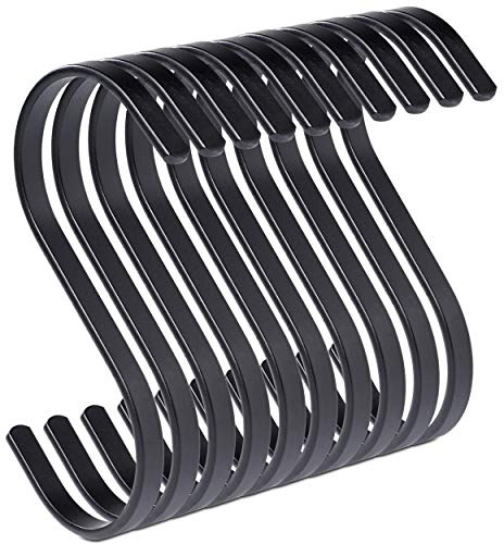 pamo S Haken schwarz matt aus Metall - 10er Set - Küchenhaken aus Edelstahl zum Aufhängen von Pfannen in der Küche oder Kleidung an der Kleiderstange S-Haken Stahl rostfrei (10, schwarz)