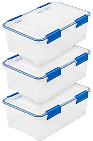 IRIS USA WeatherPro 16 Qt Storage Bins with Lids, 3 Pack, BPA-Free Plastic Gasket Box with Tight Latch and Seal, Stackable Nestable Tote Tub - Clear/Blue