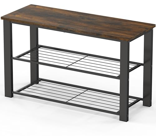 Simple Houseware Wood Top Shoe Storage Bench for Entryway, Rustic Brown
