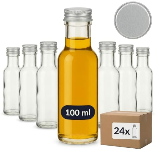 gouveo 24er Set Glasflasche 100 ml (0,10 l) Glasflasche 100 ml Dorica Schraubverschluss PP 31,5 silberfarben, kleine runde Klarglasflaschen zum Abfüllen von Öl, Essig, Likör, Sirup (DFT100S)
