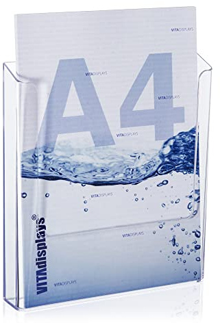 VITAdisplays Lot de 4 porte-brochures mural DIN A4 - Transparent - Pour montage mural - Pour brochures DIN A4 - Support mural pour dépliants et catalogues