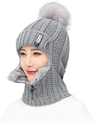 3-i-1 dam vinter stickad mössa hatt varm pom pom keps hatt scarf set tjock hatt öron manschett termisk vindtät och kall för cykling skidåkning skridskoåkning vandring utomhussport grå