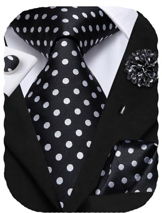 Hi-Tie Ensembles de cravates pour homme avec pochette, épingles de revers et boutons de manchette en soie tissée pour mariage et soirées formelles, Noir à pois blancs, 59 inches (150 cm) x 3.3 inches